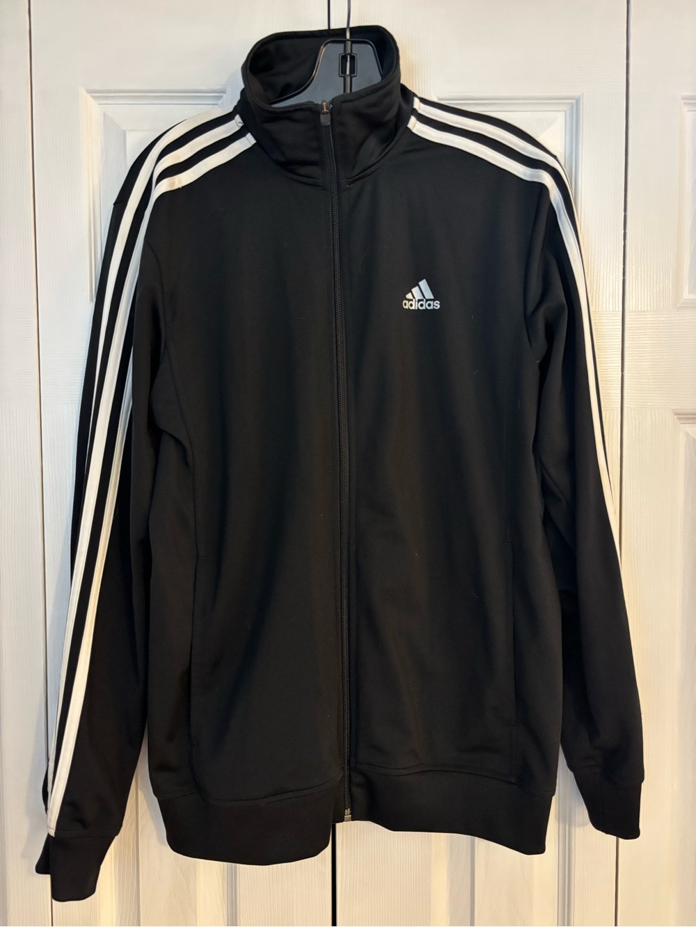 adidas Black Zip-Up Jacket with White Stripes on Sleeves